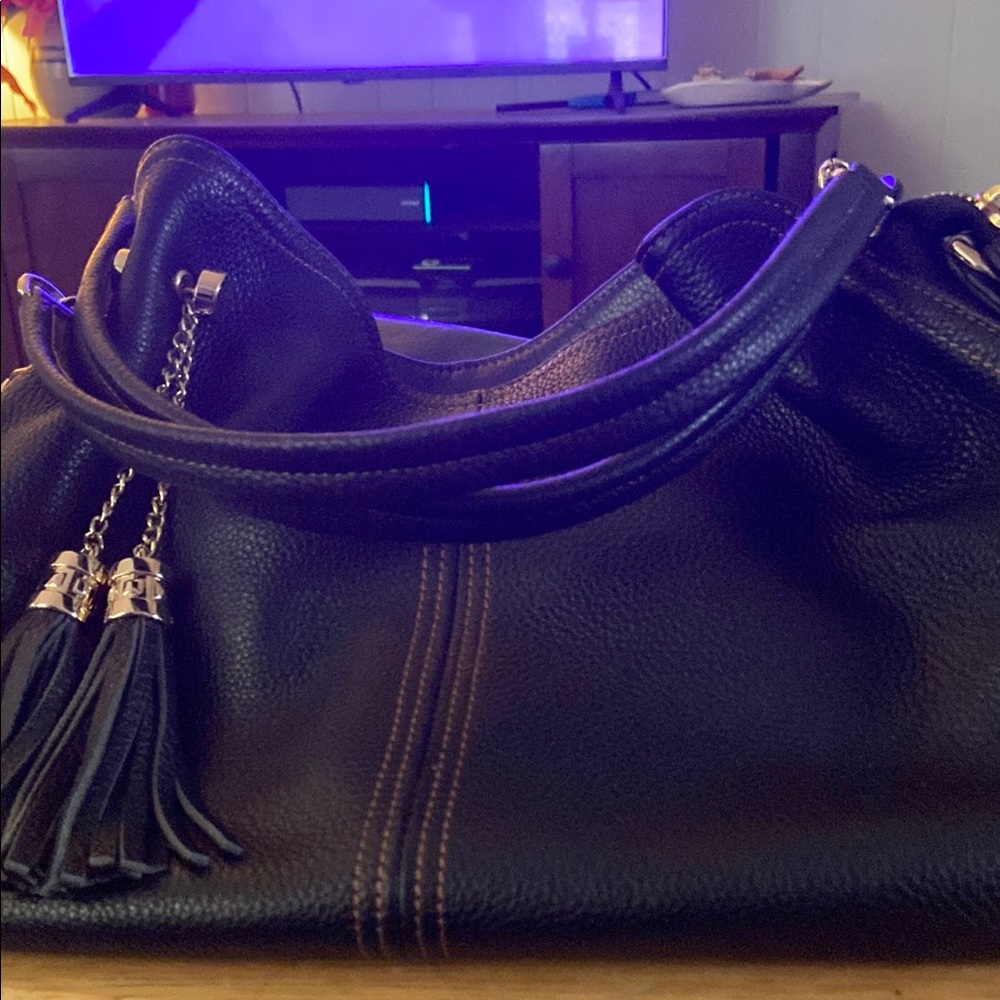 Classic Black Leather Tote Bag with Tassel Accent